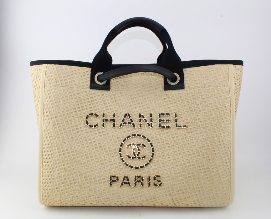 Chanel Straw Calfskin Deauville Tote