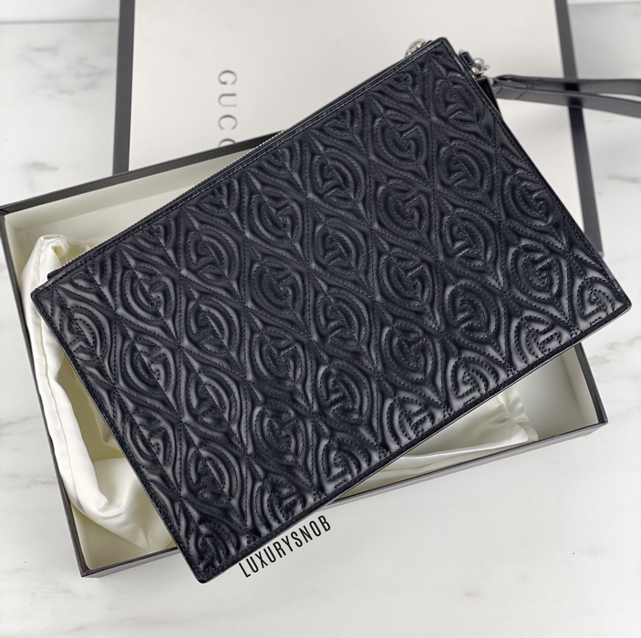 Gucci Black Gg Rhombus Quilted Leather Pouch