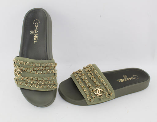 CHANEL CANVAS CHAIN FLAT SANDALS SIZE 38 - LuxurySnob