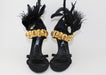 PRADA BLACK FEATHER SATIN GOLD JEWEL SANDAL