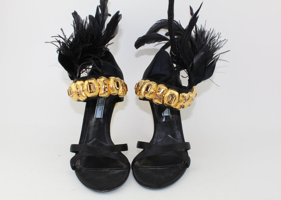 PRADA BLACK FEATHER SATIN GOLD JEWEL SANDAL
