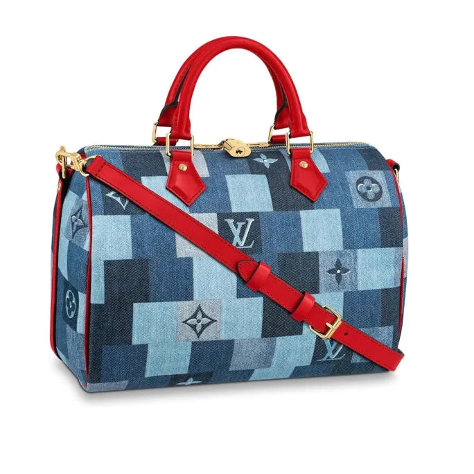 Louis Vuitton Limited Edition Denim Damier Monogram Patchwork Speedy Bandouliere 30 Blue Rouge