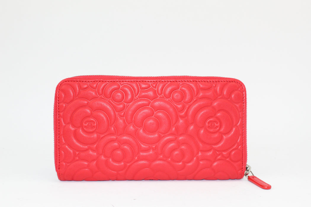 Chanel Camellia Embosed Large Zip Wallet