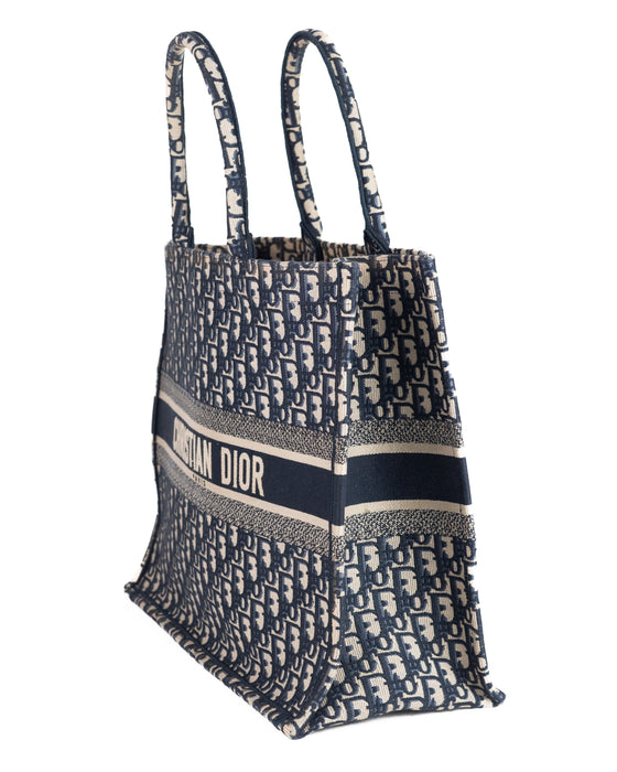 Dior Large Book Tote in Blue Dior Oblique Embroidery