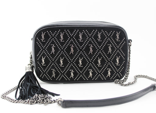 Saint Laurent Mini Lou Croc Embellished Suede Camera bag