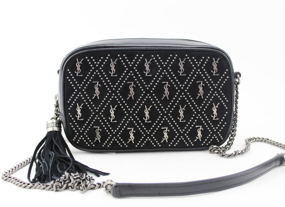 Saint Laurent Mini Lou Croc Embellished Suede Camera bag