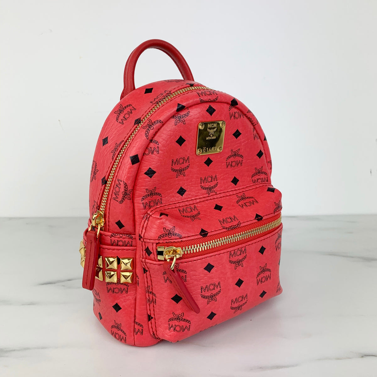 Mcm Red Mini Stark Stud Coated Canvas backpack — LSC INC