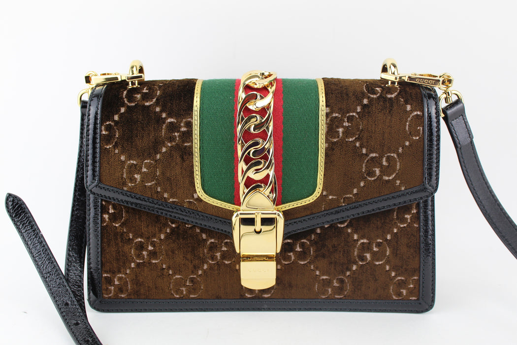 Gucci Sylvie Shoulder Bag GG Velvet Small Brown