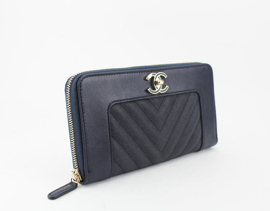 Chanel Navy Chevron Zip Around wallet