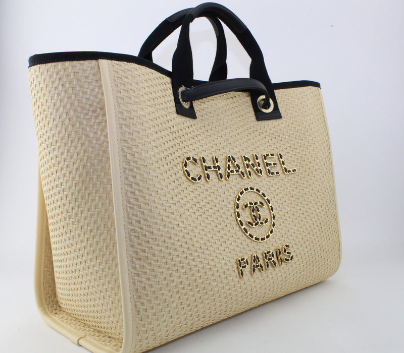 Chanel Straw Calfskin Deauville Tote