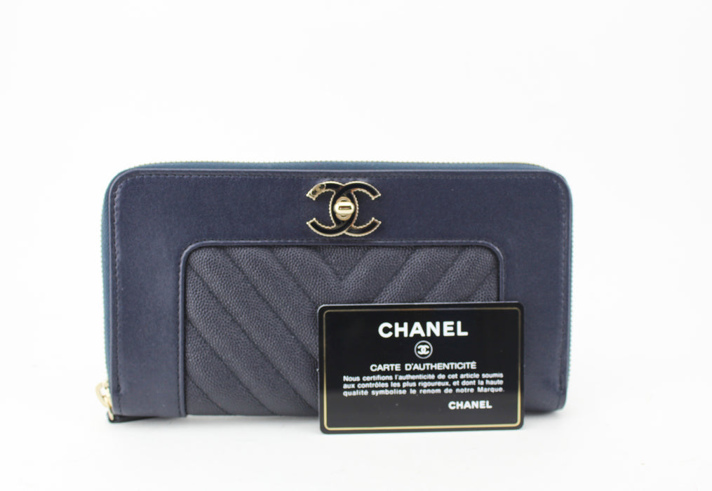 Chanel Navy Chevron Zip Around wallet
