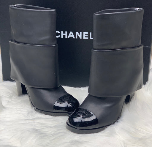 CHANEL CALF LEATHER PATENT CAP TOE  FOLD OVER BOOTS - LuxurySnob