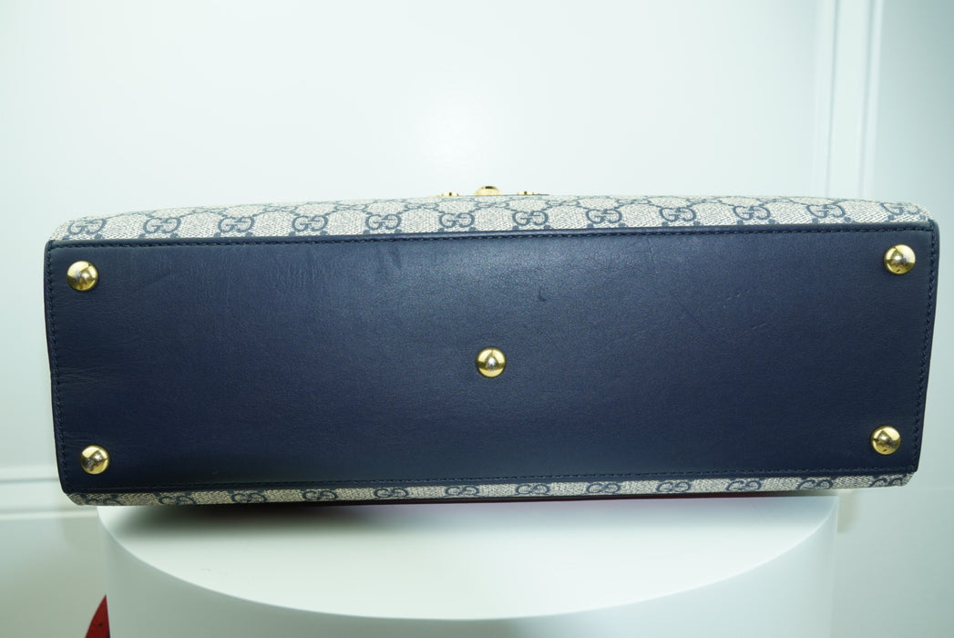 Gucci Medium Padlock GG Supreme Monogram Top Handle Satchel Bag Blue