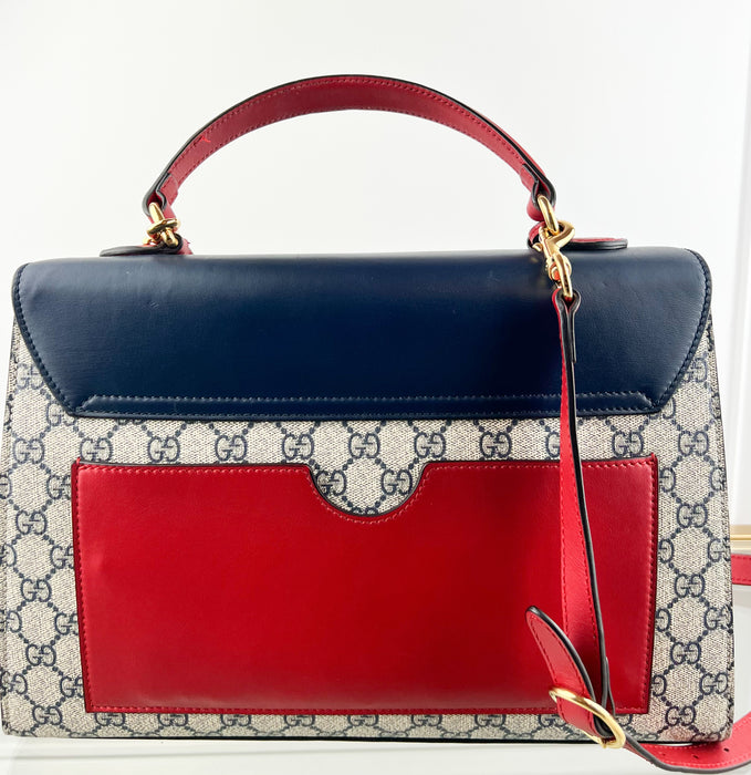 Gucci Medium Padlock GG Supreme Monogram Top Handle Satchel Bag Blue