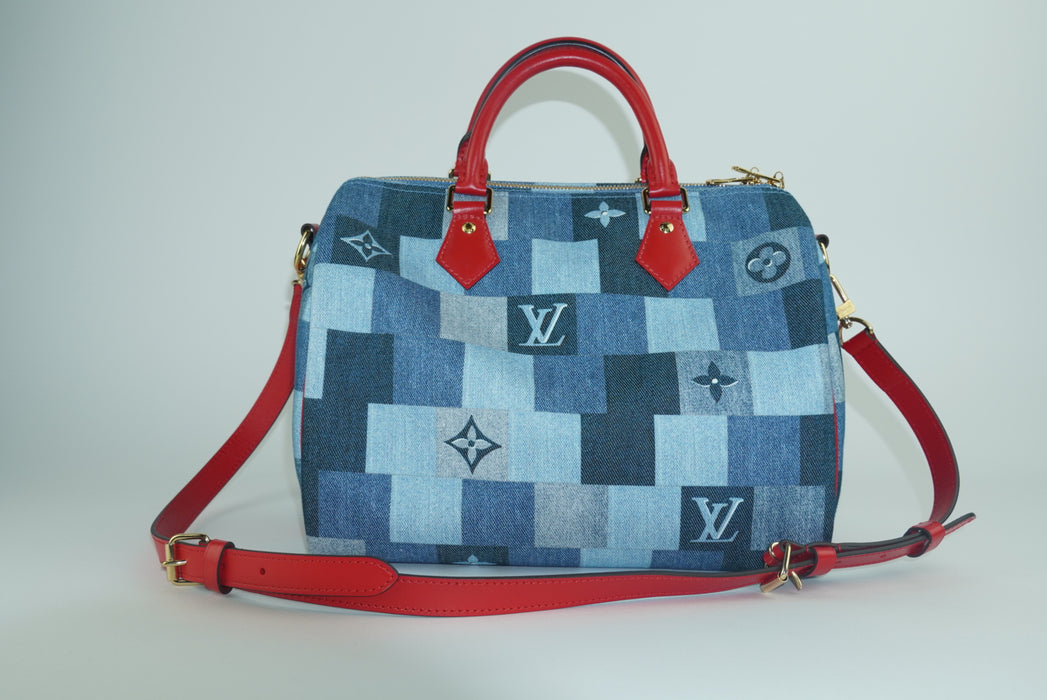 Louis Vuitton Limited Edition Denim Damier Monogram Patchwork Speedy Bandouliere 30 Blue Rouge