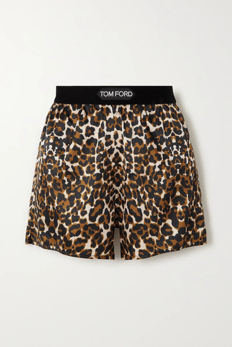 Tom Ford Velvet-trimmed leopard print silk blend satin shorts