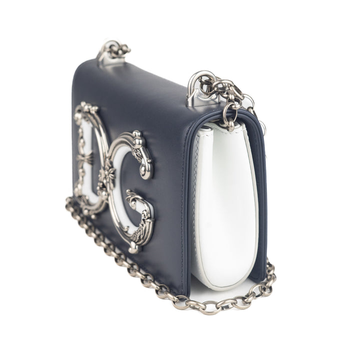 Dolce and Gabbana Barocco Leather Shoulder Bag blue and white