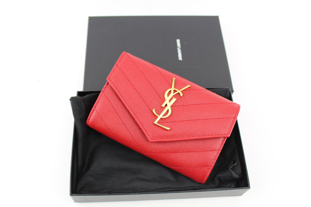 SAINT LAURENT MONOGRAM QUILTED TEXTURED LEATHER WALLET RED