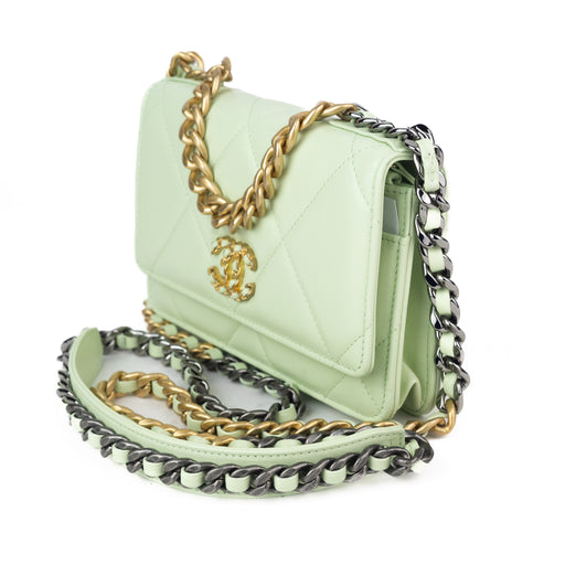 Chanel Lambskin Quilted 19 Wallet on Chain in Light Green