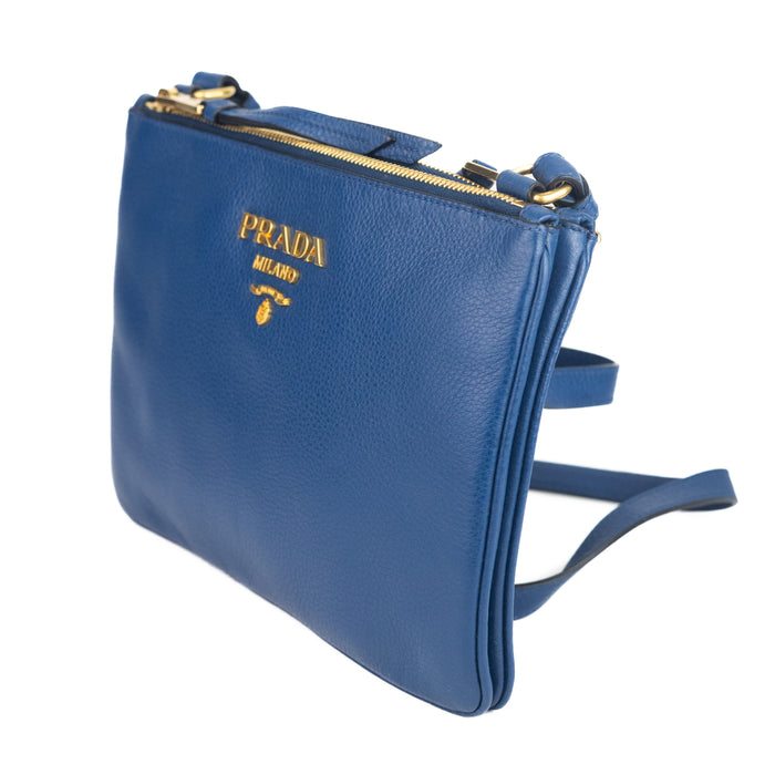 Prada Double Zip Crossbody Bag Vitello Daino Small Blue