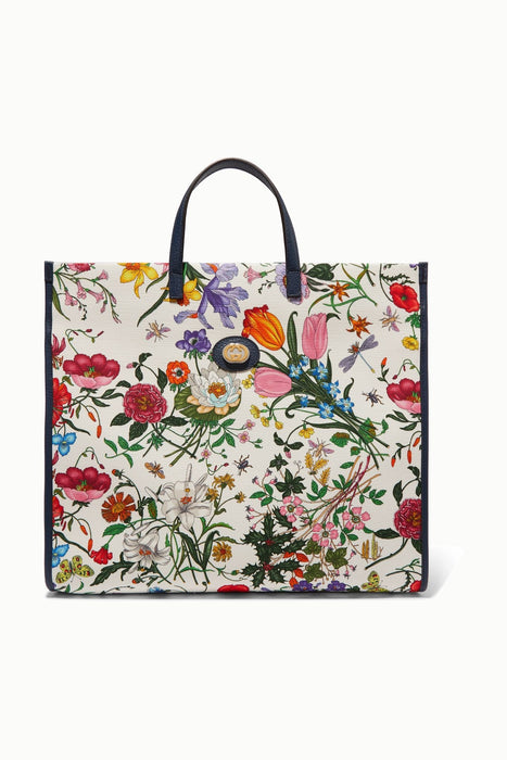 GUCCI FLORA LARGE LEATHER TRIMMED PRINTED CANVAS TOTE