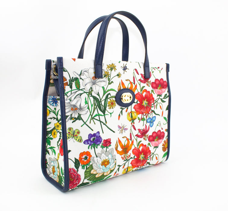 GUCCI FLORA MEDIUM LEATHER TRIMMED PRINTED CANVAS TOTE