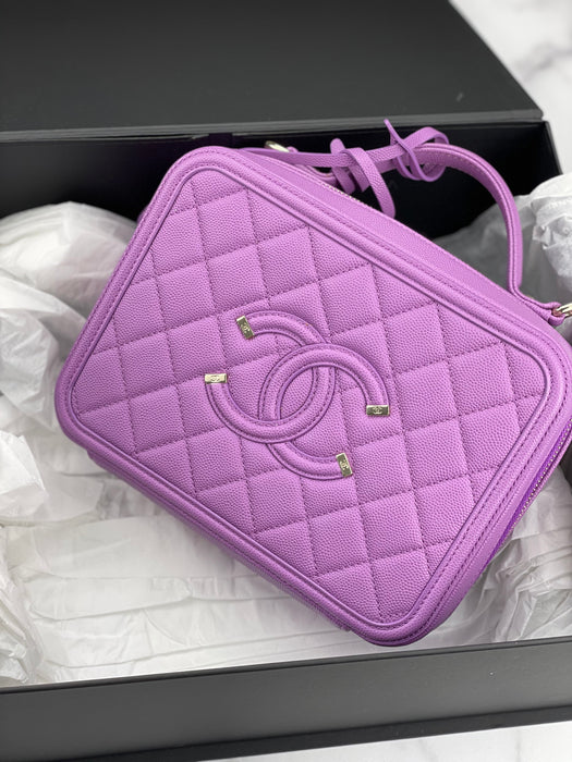 Chanel Purple Vanity x Lambskin Mini classic x Camellia Round Crossbody Raffle