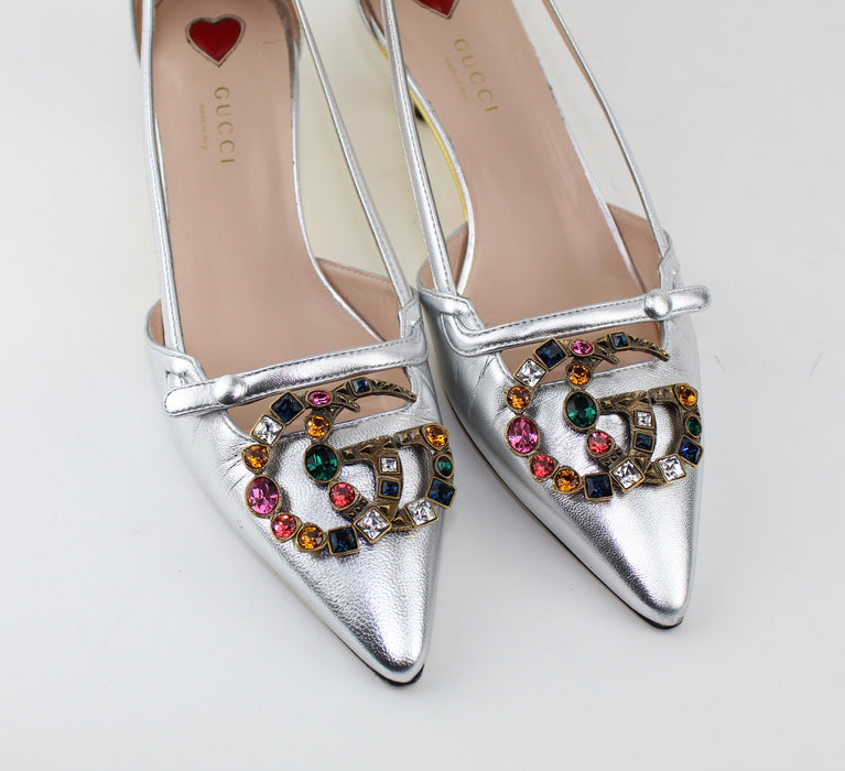 GUCCI METALLIC LEATHER PUMP WITH CRYSTAL DOUBLE G - LuxurySnob