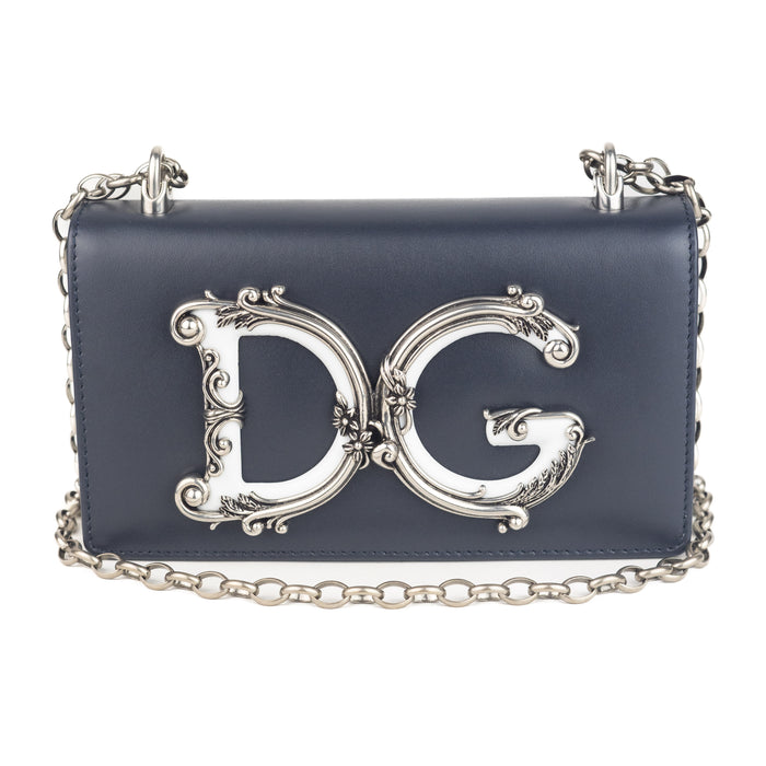 Dolce and Gabbana Barocco Leather Shoulder Bag blue and white