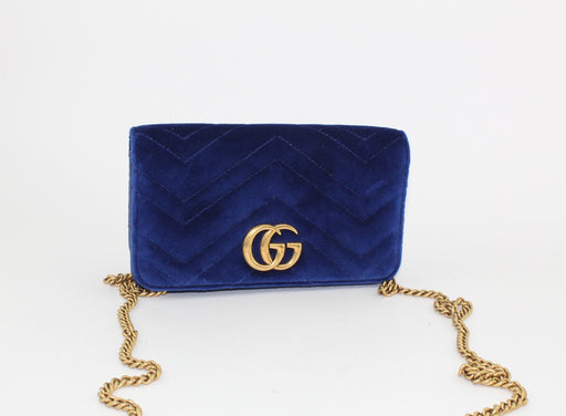 GUCCI GG MARMONT VELVET MINI CROSSBODY BLUE