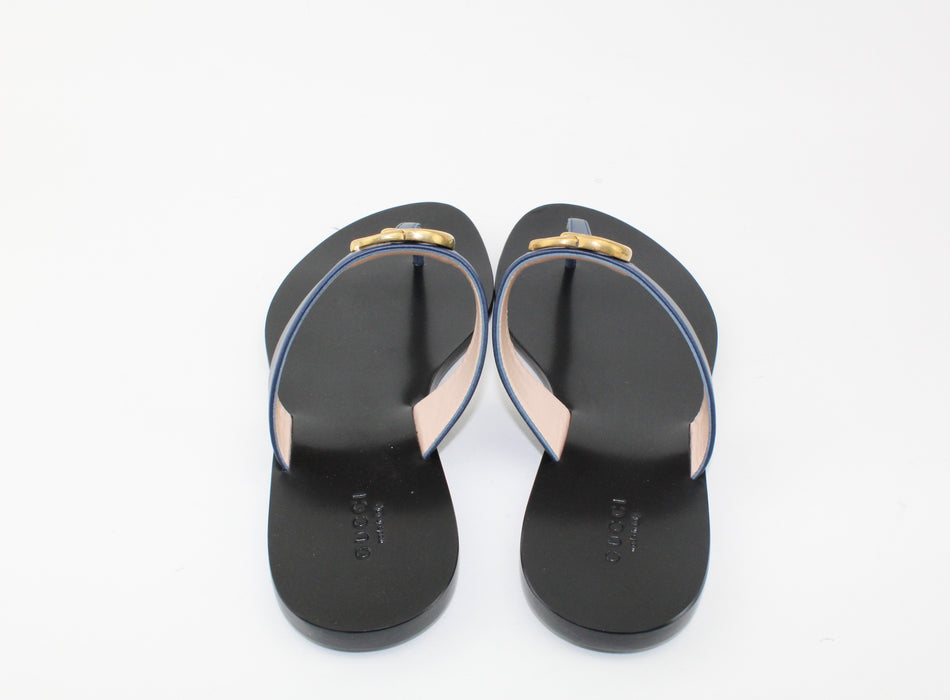 GUCCI LEATHER THONG SANDAL WITH DOUBLE G BLUE