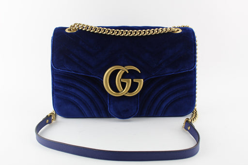 GUCCI MEDIUM GG MARMONT VELVET SHOULDER BAG BLUE