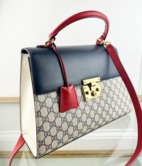 Gucci Medium Padlock GG Supreme Monogram Top Handle Satchel Bag Blue