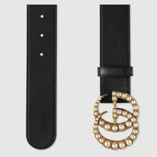 GUCCI LEATHER BELT WITH PEARL DOUBLE G BUCKLE - LuxurySnob