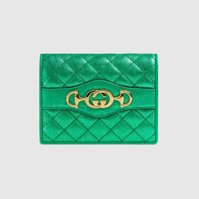GUCCI GREEN LAMINATED LEATHER CARD CASE WALLET