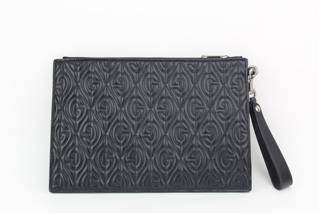 Gucci Black Gg Rhombus Quilted Leather Pouch