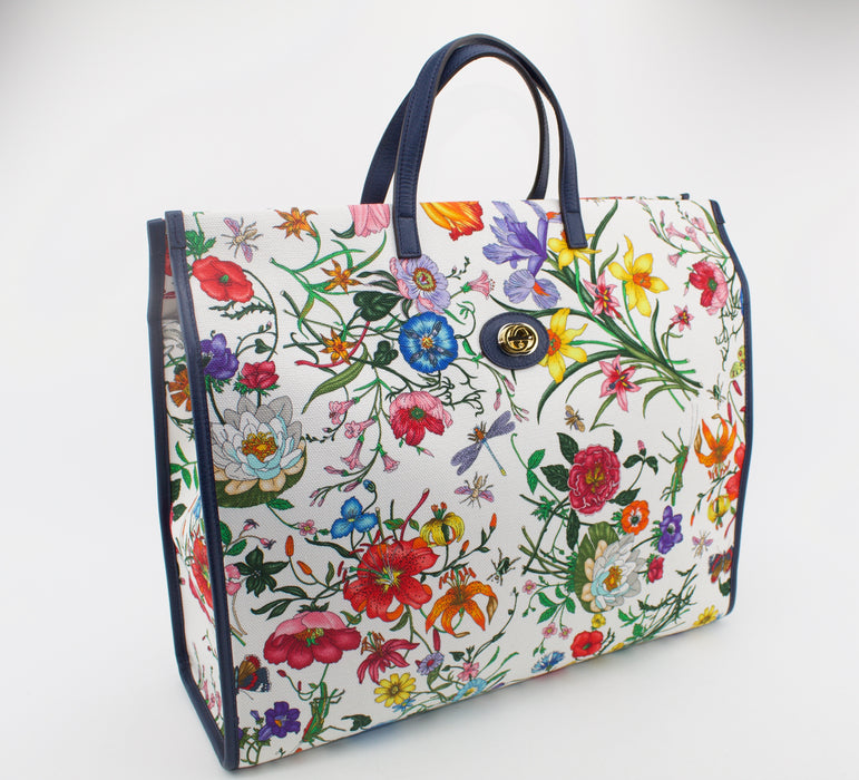 GUCCI FLORA LARGE LEATHER TRIMMED PRINTED CANVAS TOTE