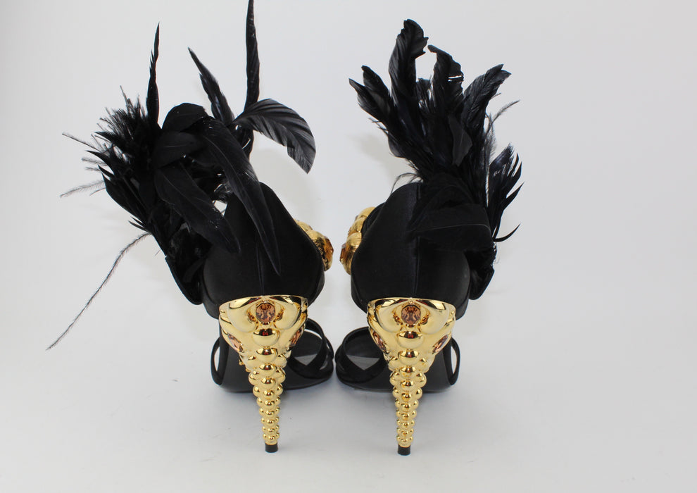 PRADA BLACK FEATHER SATIN GOLD JEWEL SANDAL
