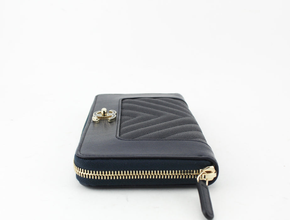 Chanel Navy Chevron Zip Around wallet