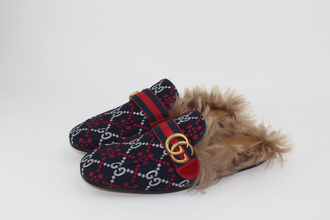 GUCCI NAVY & RED GG DIAMOND PRINCETOWN LOAFERS