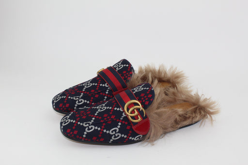 GUCCI NAVY & RED GG DIAMOND PRINCETOWN LOAFERS