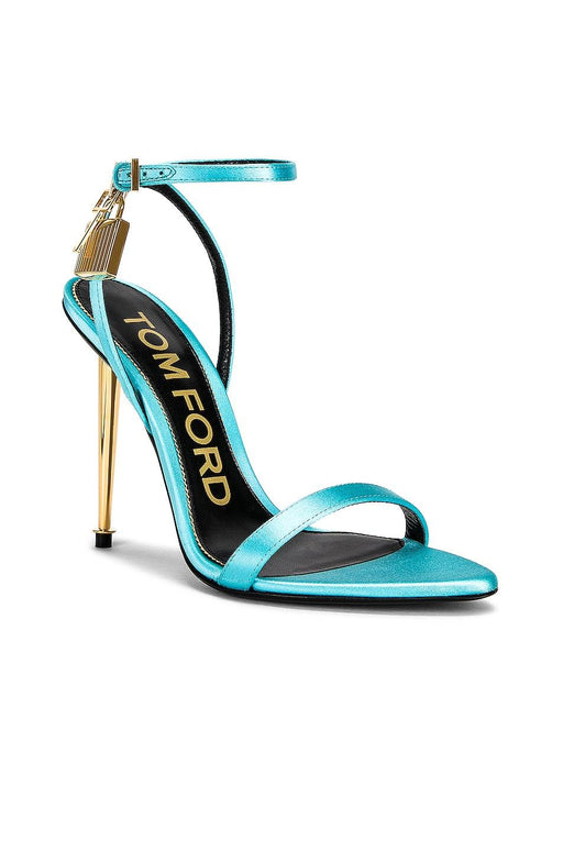 Tom Ford Mirrored Leather Padlock Pointy Naked Sandal in Turquoise