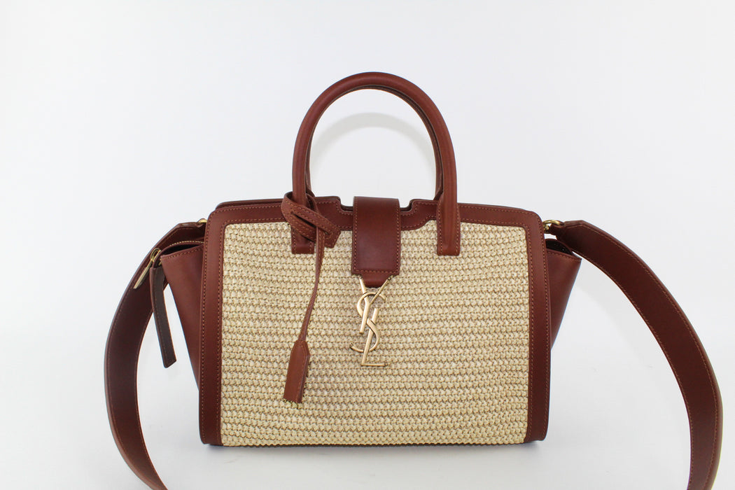 SAINT LAURENT RAFFIA TOP HANDLE BAG BROWN