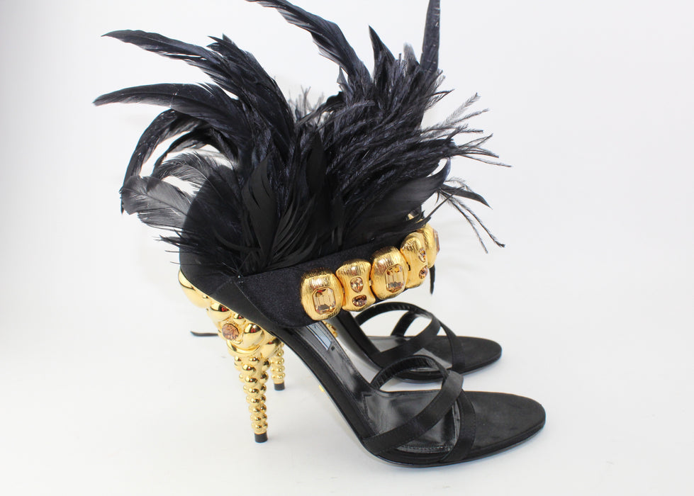 PRADA BLACK FEATHER SATIN GOLD JEWEL SANDAL