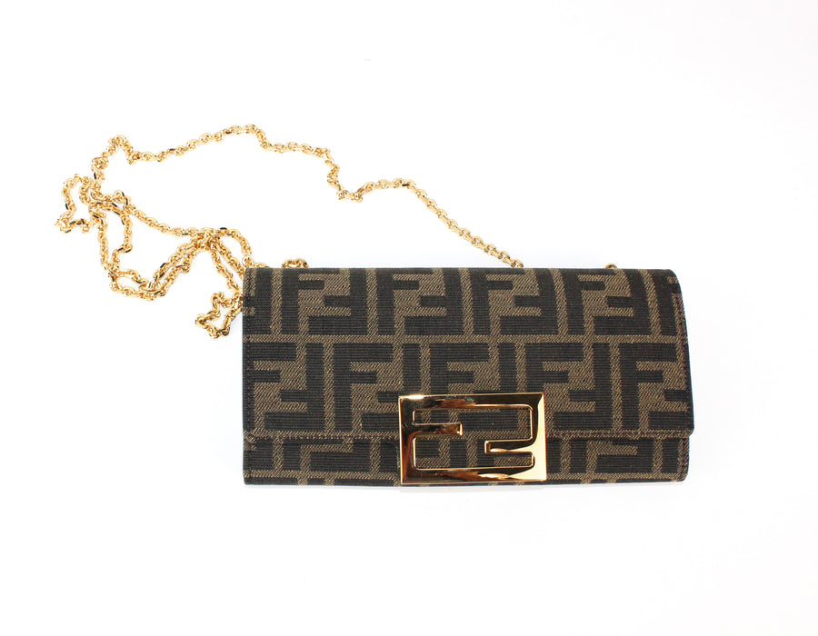 Fendi Continental Wallet with Chain in Brown Fabric