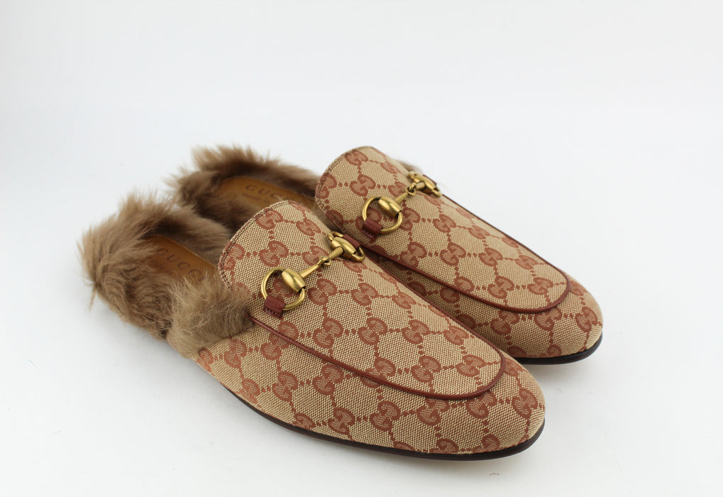 Gucci Princetown Fur-lined GG Canvas Loafers