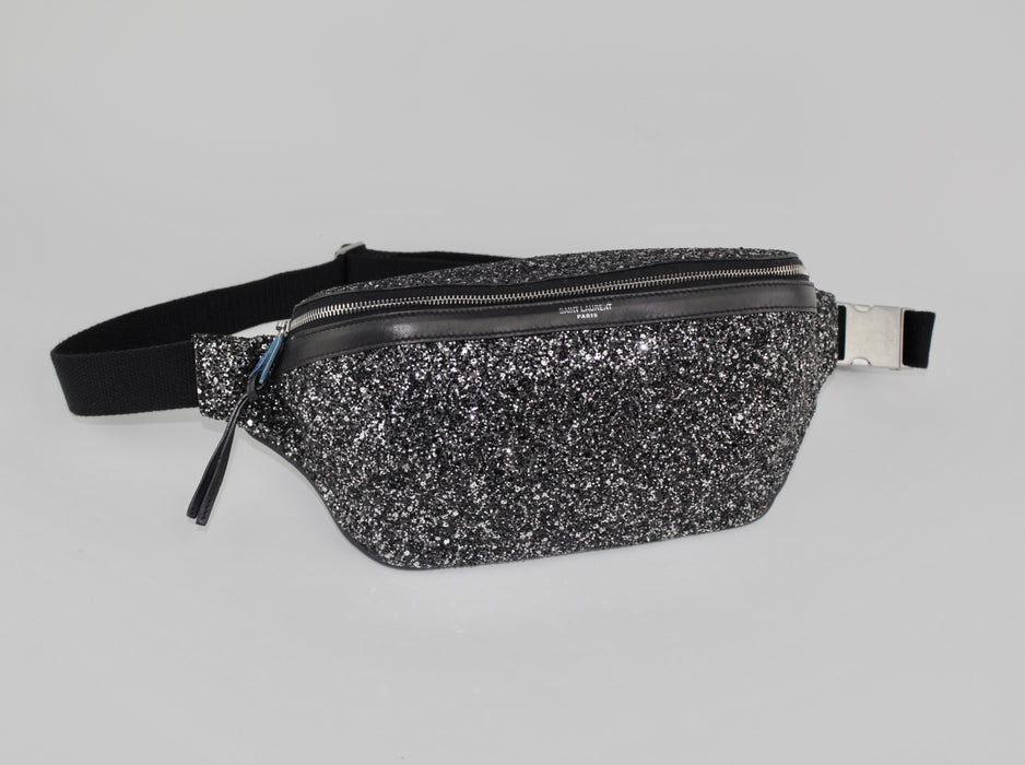 SAINT LAURENT METALLIC BLACK GLITTER BELT BAG