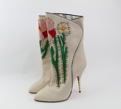 GUCCI FOSCA FLORAL-EMBROIDERED LEATHER BOOT SIZE 39 - LuxurySnob