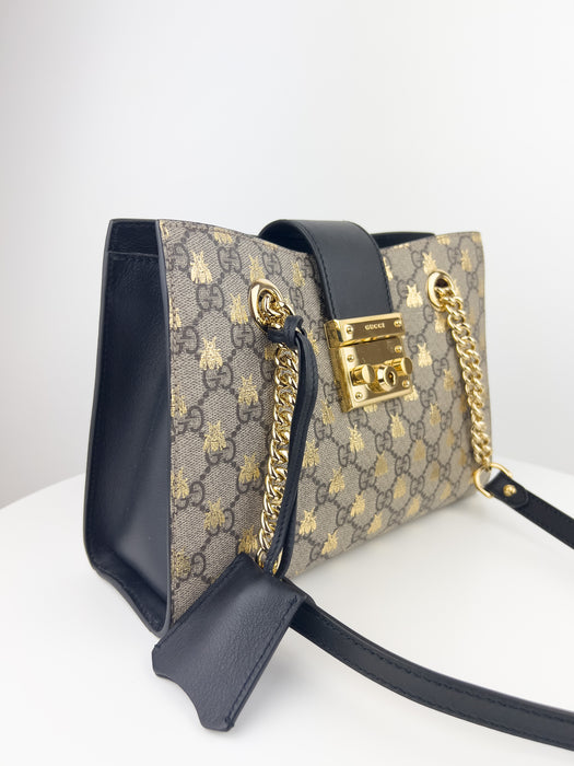 Gucci GG Supreme Monogram Bees Small Padlock Tote Beige Oro Black