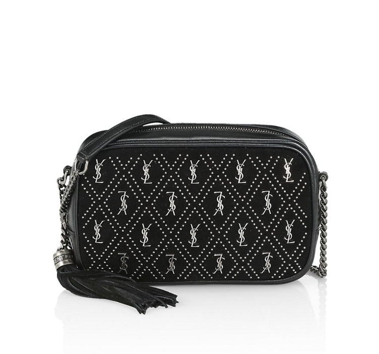 Saint Laurent Mini Lou Croc Embellished Suede Camera bag